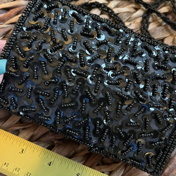 Vintage small beaded black evening bag immaculate long beaded strap Y2K 90s - Picture 5 of 5